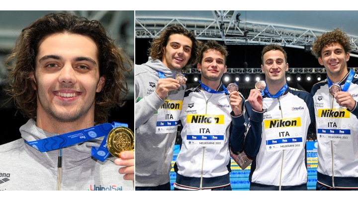 Melbourne. Day 4. Thomas Ceccon campione del mondo dei 100 misti (50.97). 4×200 di bronzo con RI. Ai piedi del podio Lorenzo Mora.