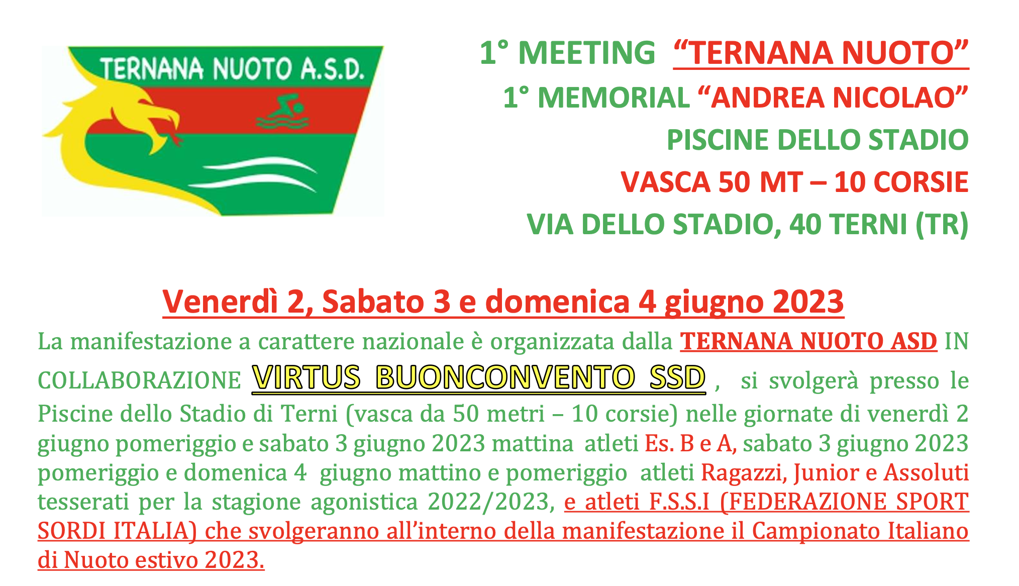 1° Meeting “Ternana Nuoto” • 1° Memorial “Andrea Nicolao”