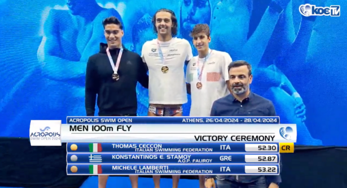Acropolis Swim Open 2024. D2. Thomas Ceccon vince i 100 farfalla (52.30), bronzo Michele Lamberti (53.22). Sara Curtis sul podio nei 50 dorso.
